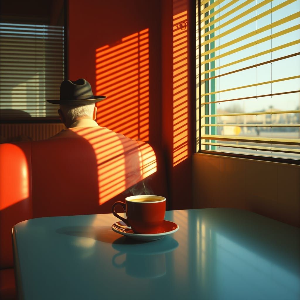 Nostalgic Diner Scene in Bold Color Fields