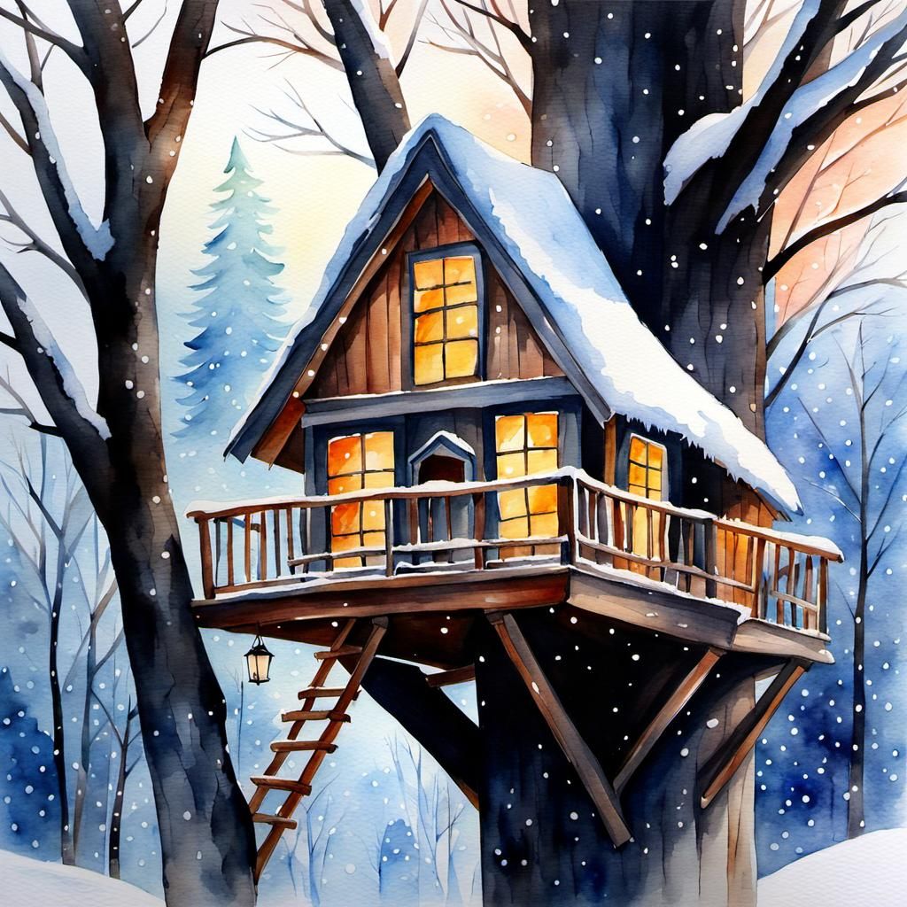 Raccoon in Cozy Winter Treehouse, Watercolor Style