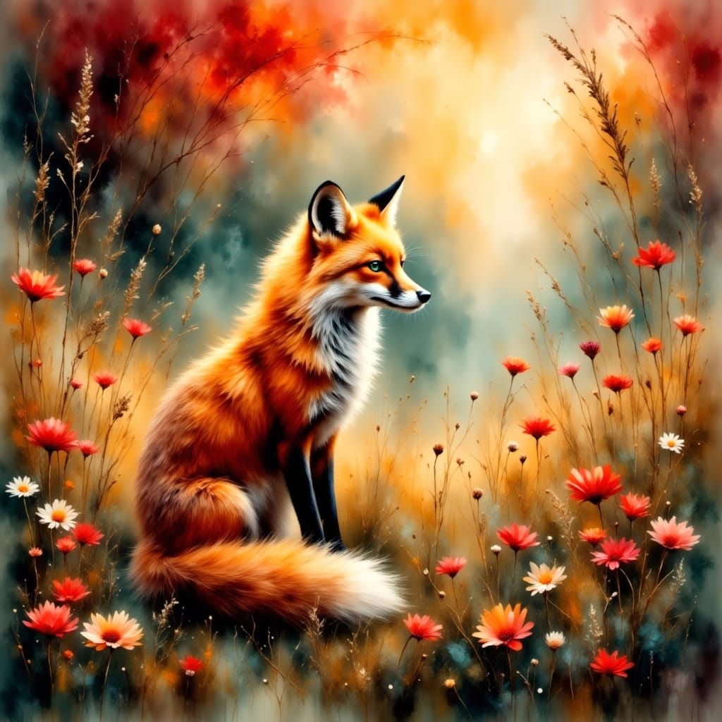 Whimsical Red Fox Amidst Wildflowers in a Dreamy Landscape
