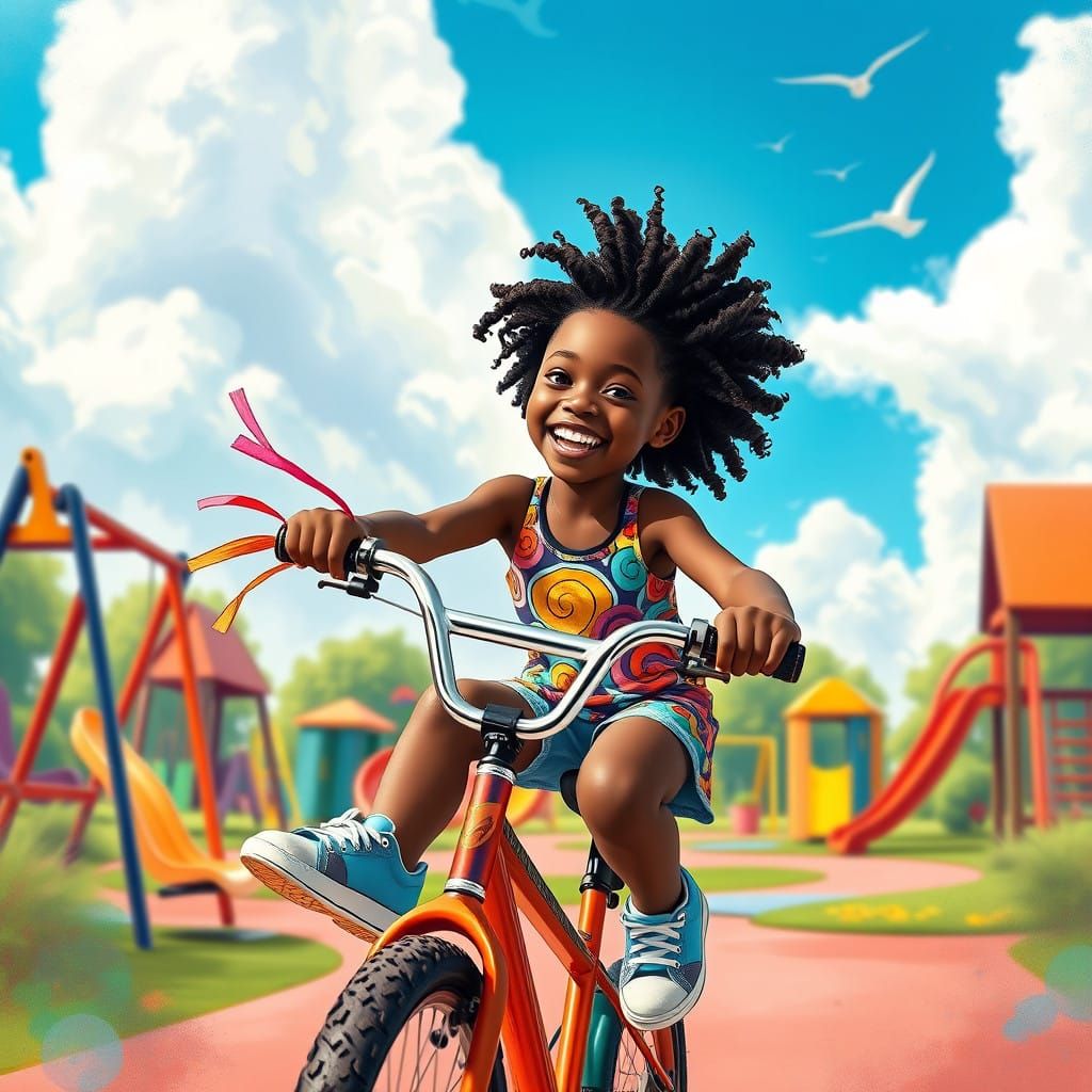Joyful African American Girl Riding Bike in Whimsical Playgr...