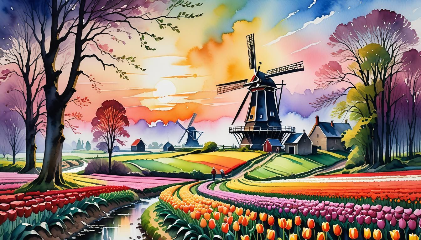 Dutch Windmill in Tulip Field: Gouache Style