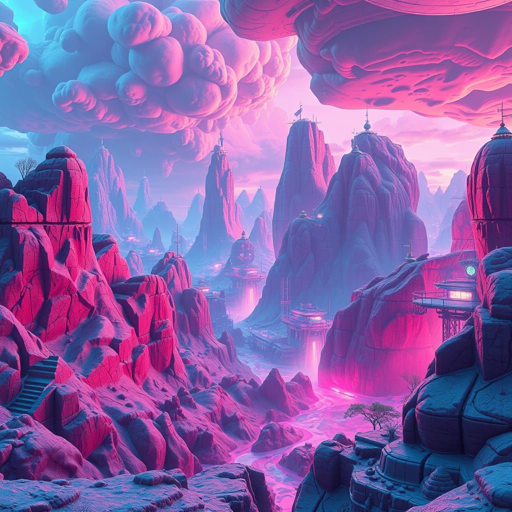 Vibrant 3D Futuristic Landscape in Digital Art Style