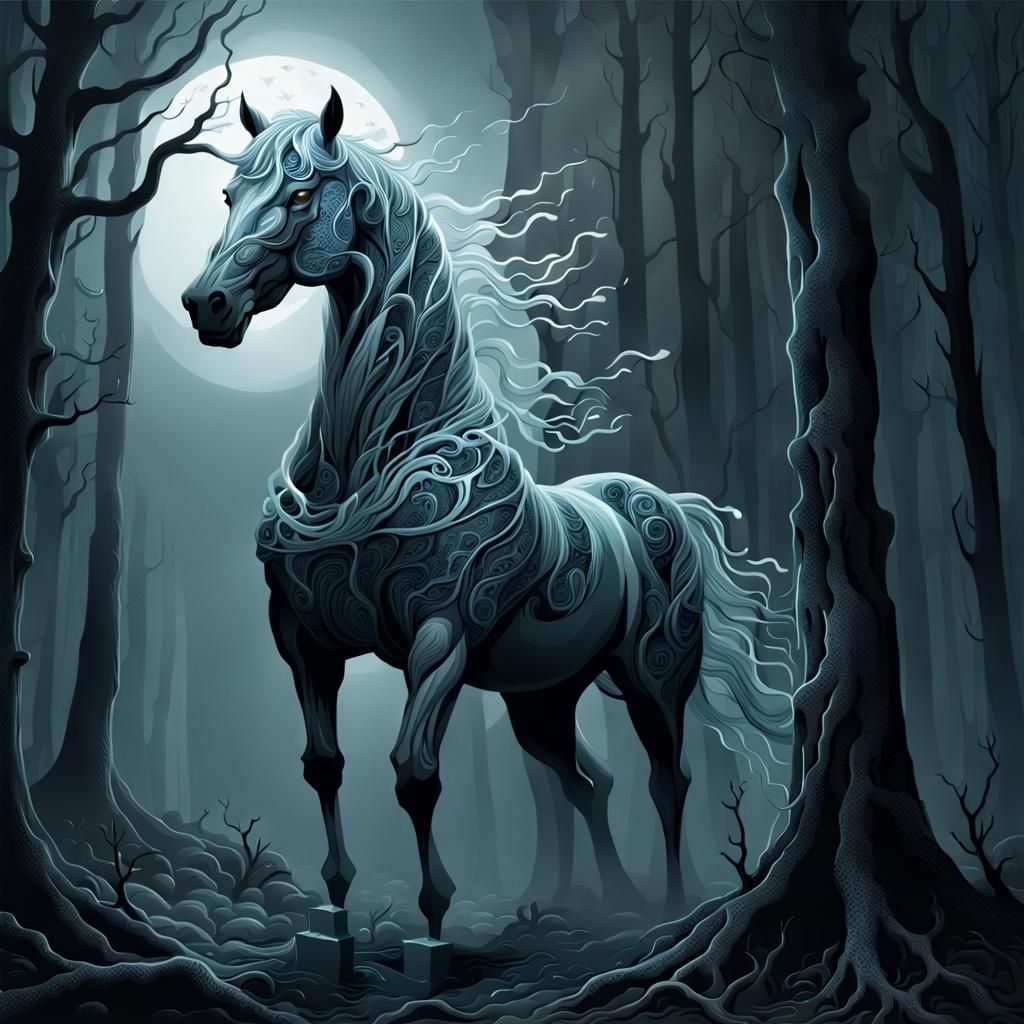 Fog Horse in Forest of Sleep: Intricate Horror Illustration