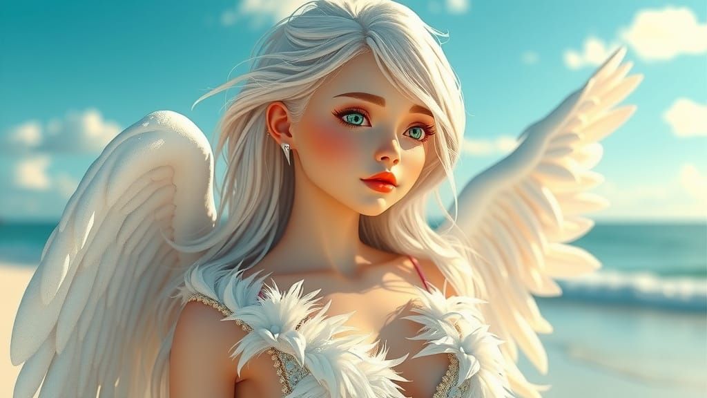 Stunning Angel on Tropical Beach in 3D Anime Style