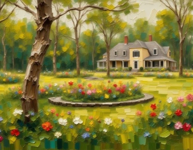 Impasto Garden Painting of Colonial Williamsburg Spring