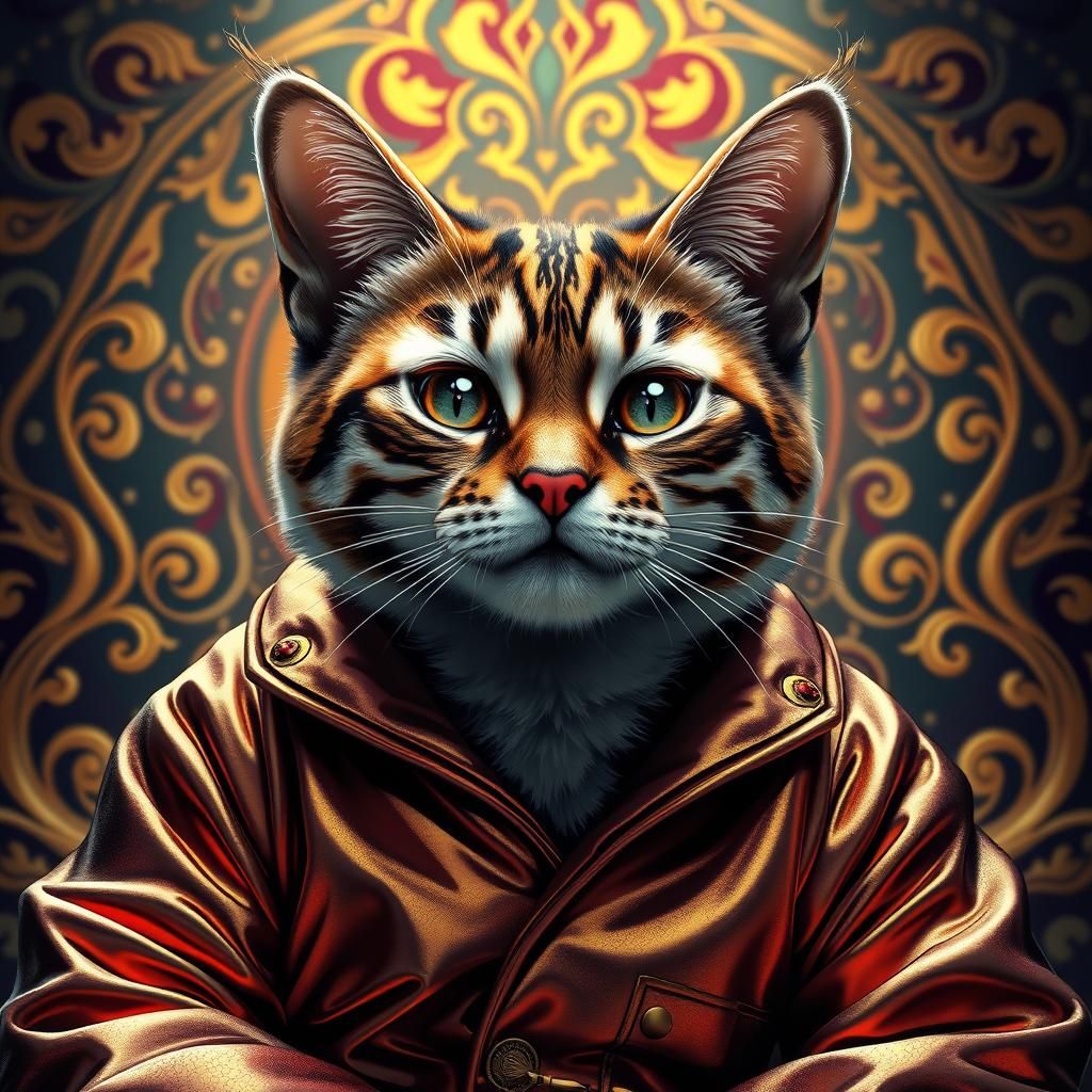 Charismatic Cat in Metallic Pajamas, Art Nouveau Portrait