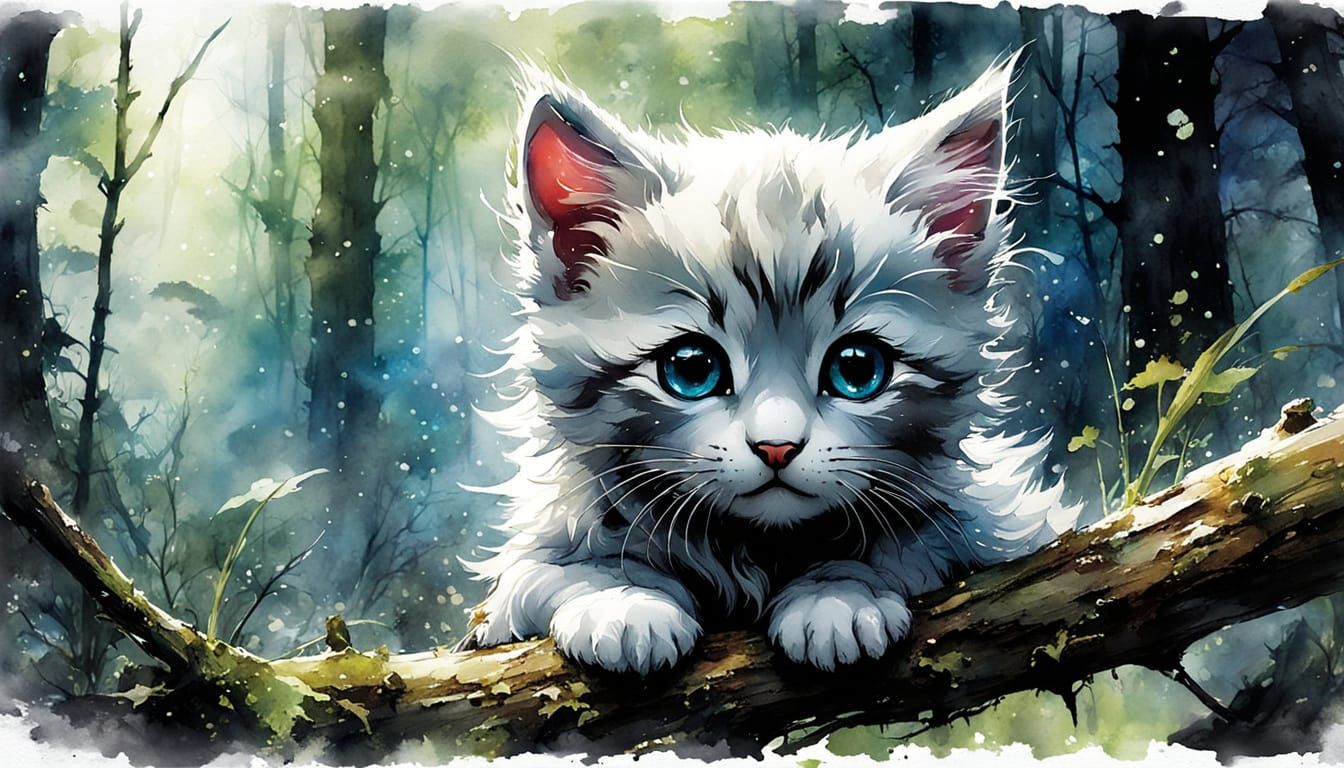 Chibi Kitten in Forest Watercolor Ink Splash Art