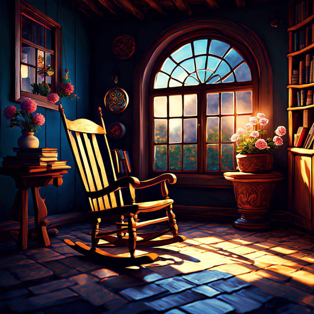 Cozy Elf Room with Rocking Chair: Fantasy Oil Painting