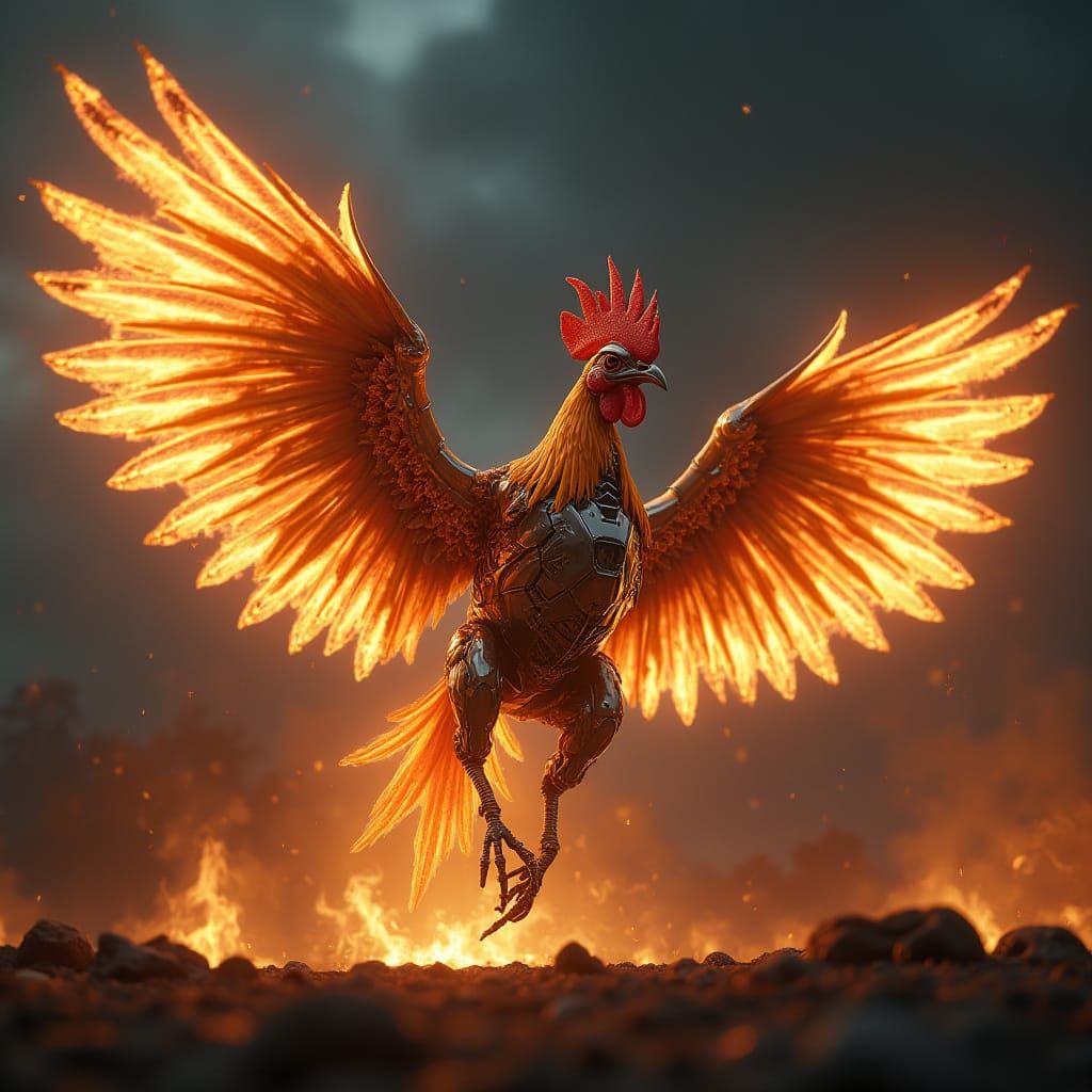 Futuristic Robotic Rooster With Blazing Fire Wings