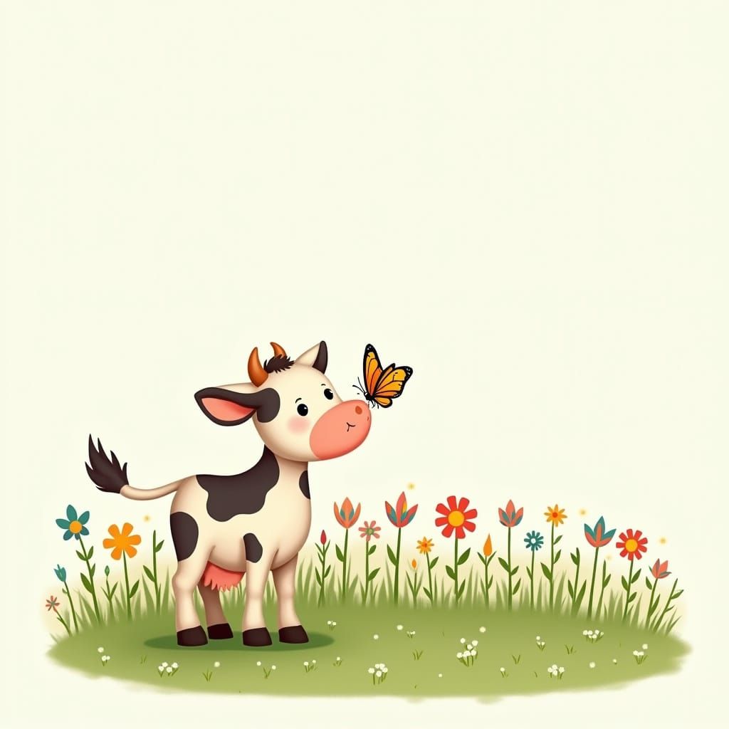 Whimsical Cartoon Baby Cow with Butterfly