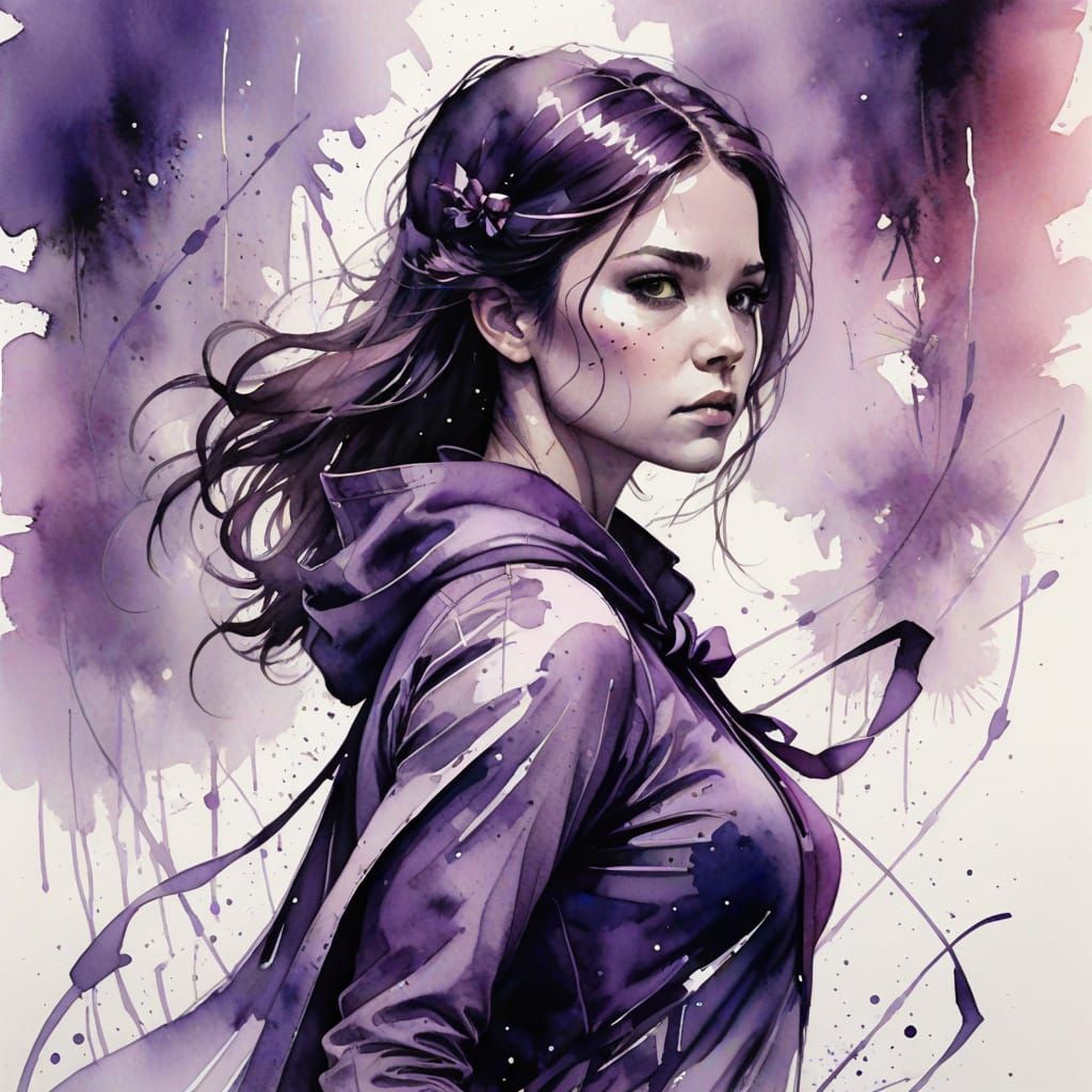 Kate Bishop Watercolor Art in Purple Costume