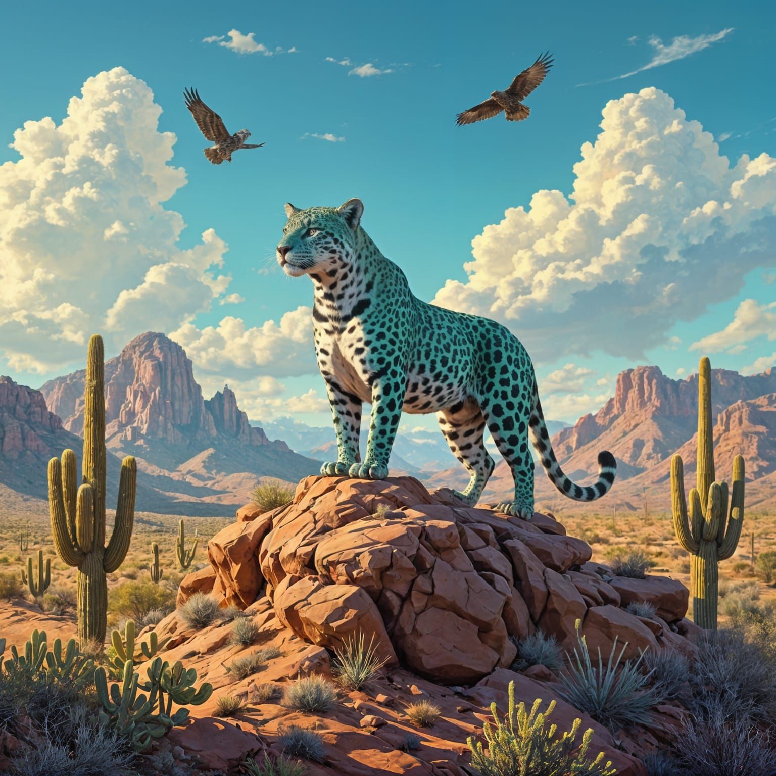 Malachite Jaguar in Arizona Desert Landscape