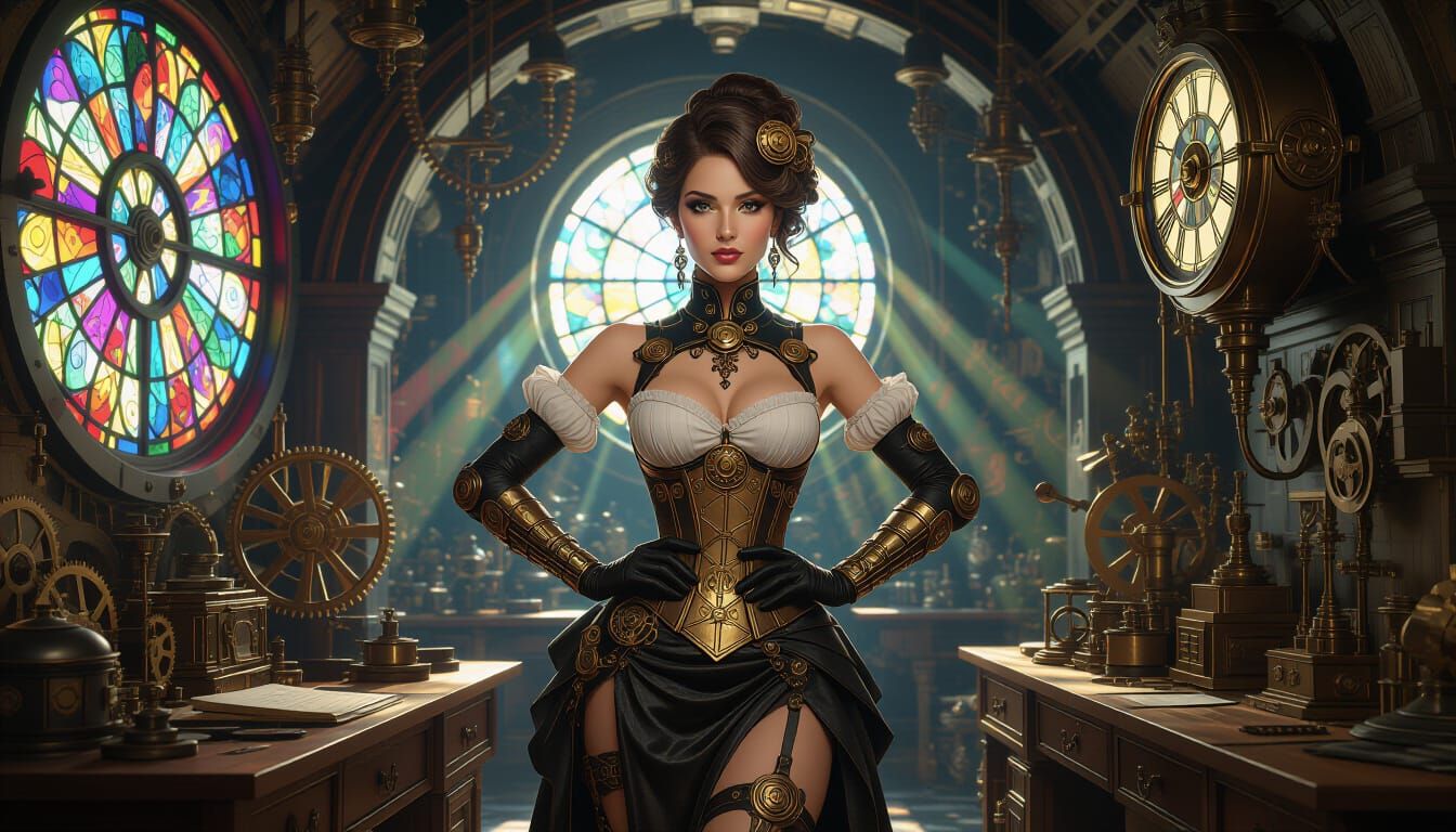 Steampunk Woman in Clockwork Workshop, Hyperrealistic Digita...