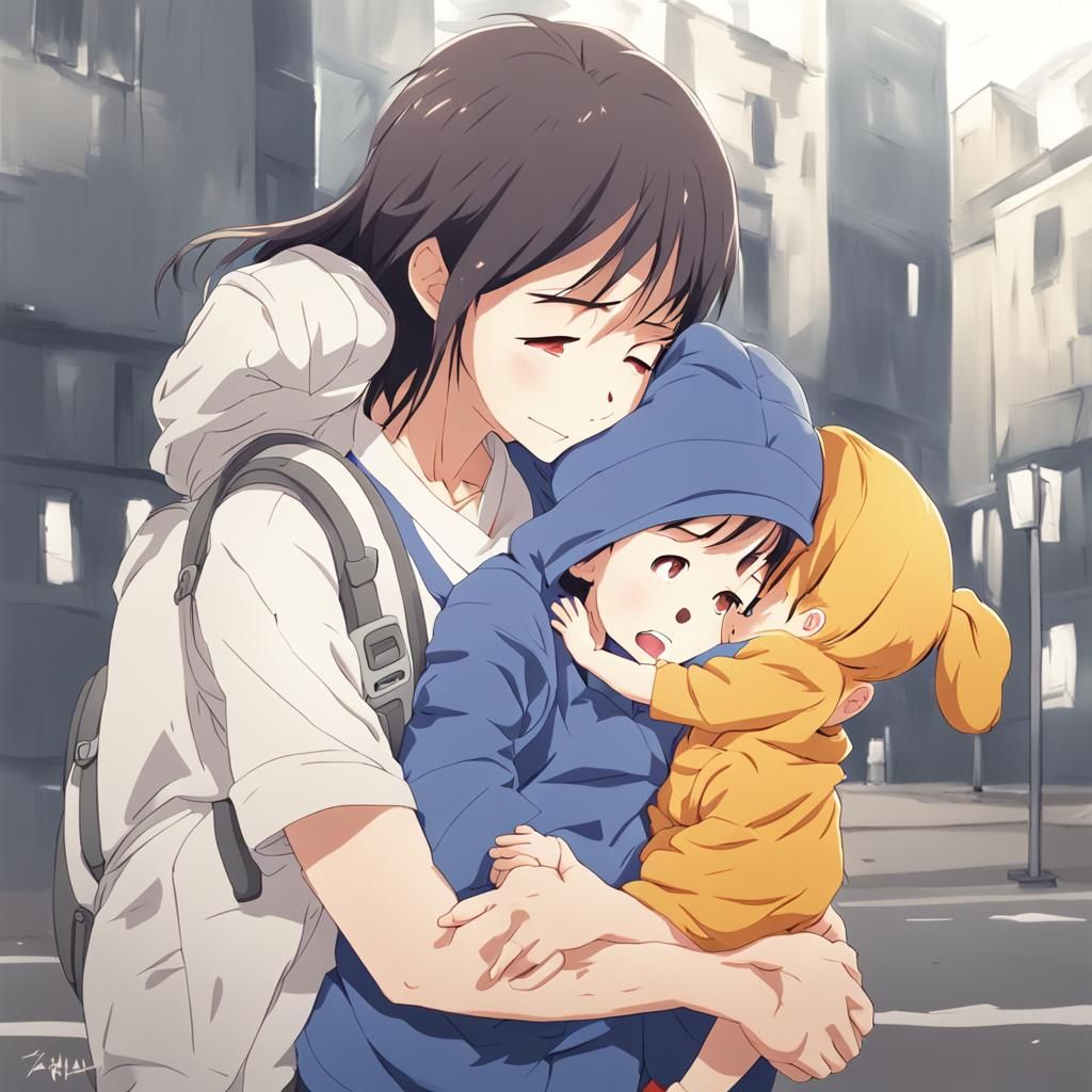 Anime Style: Mother Comforting Scared Toddler