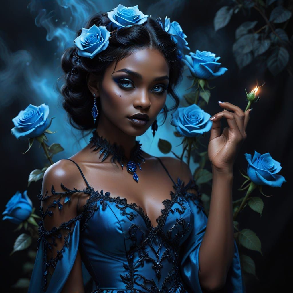 Gothic Beauty in Ebony Skin with Glowing Ice Blue Eyes