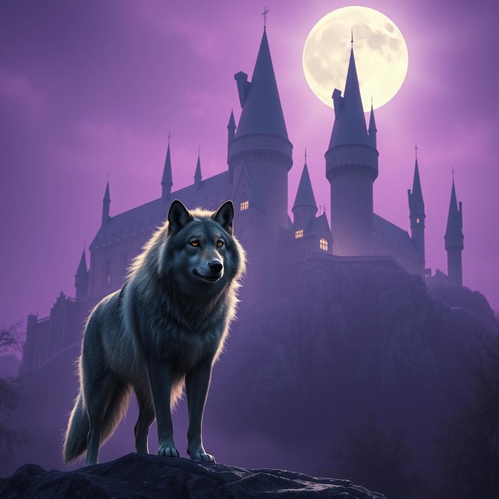Wolf and Hogwarts in Moonlight, Fantasy Concept Art