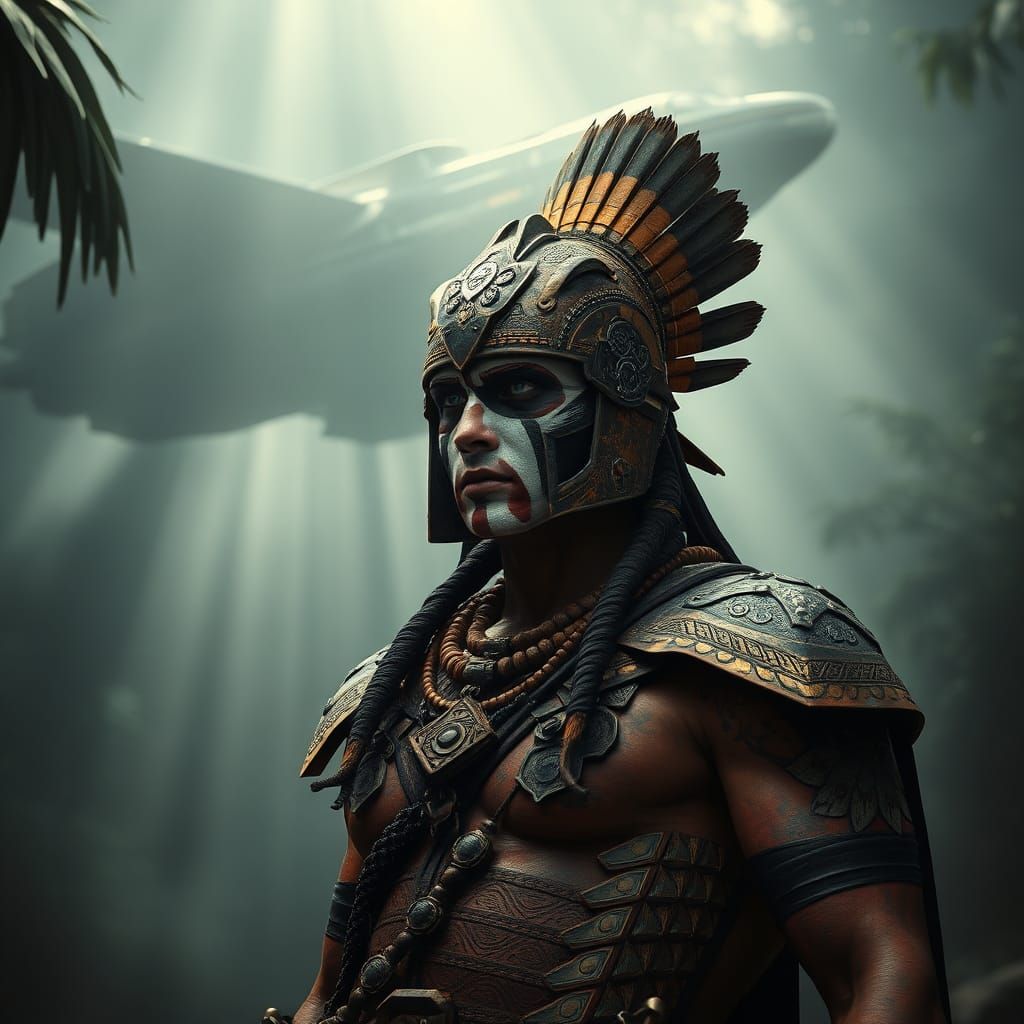 Aztec Warrior in Sci-Fi Jungle, Photorealistic Digital Art