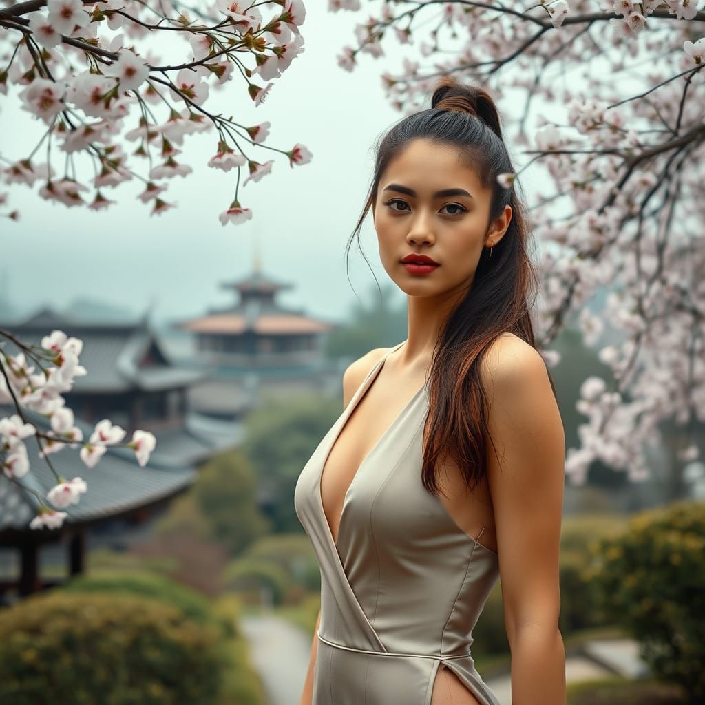 Elegant Woman in Japanese Garden, Art Nouveau Style