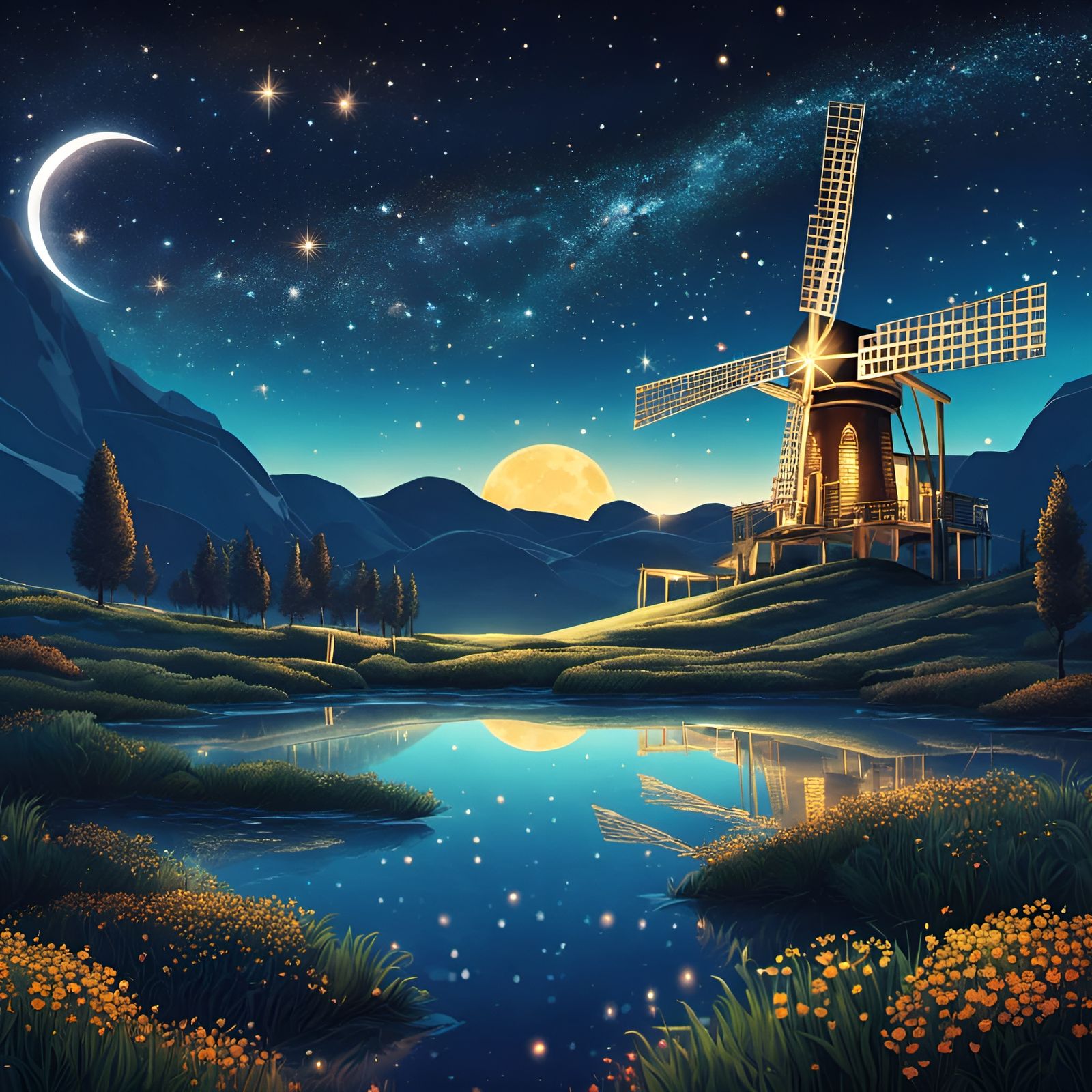 Windmill Farm at Sea Under Starry Night Sky