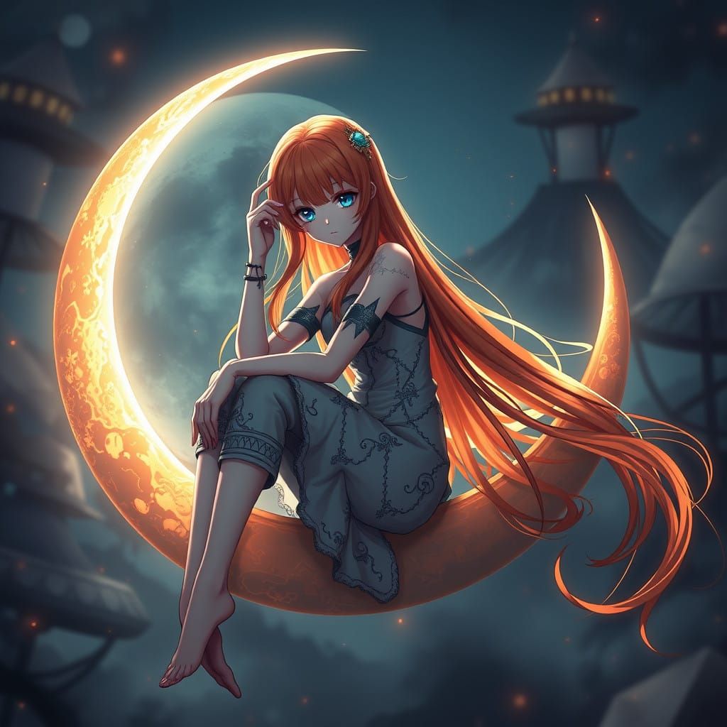 Stunning Anime Goddess on Crescent Moon
