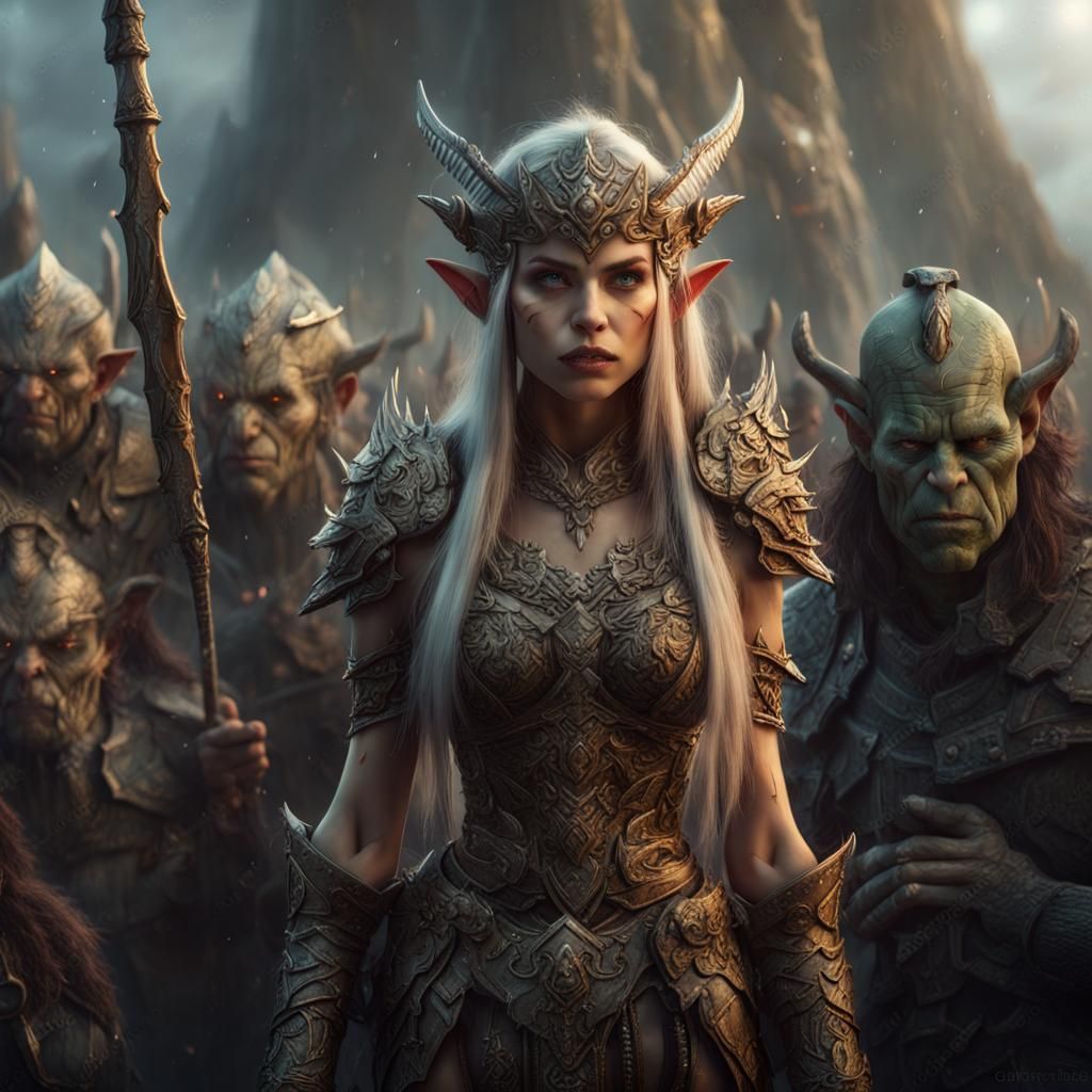 Elf Queen Leads Orc Army: Epic Digital Painting