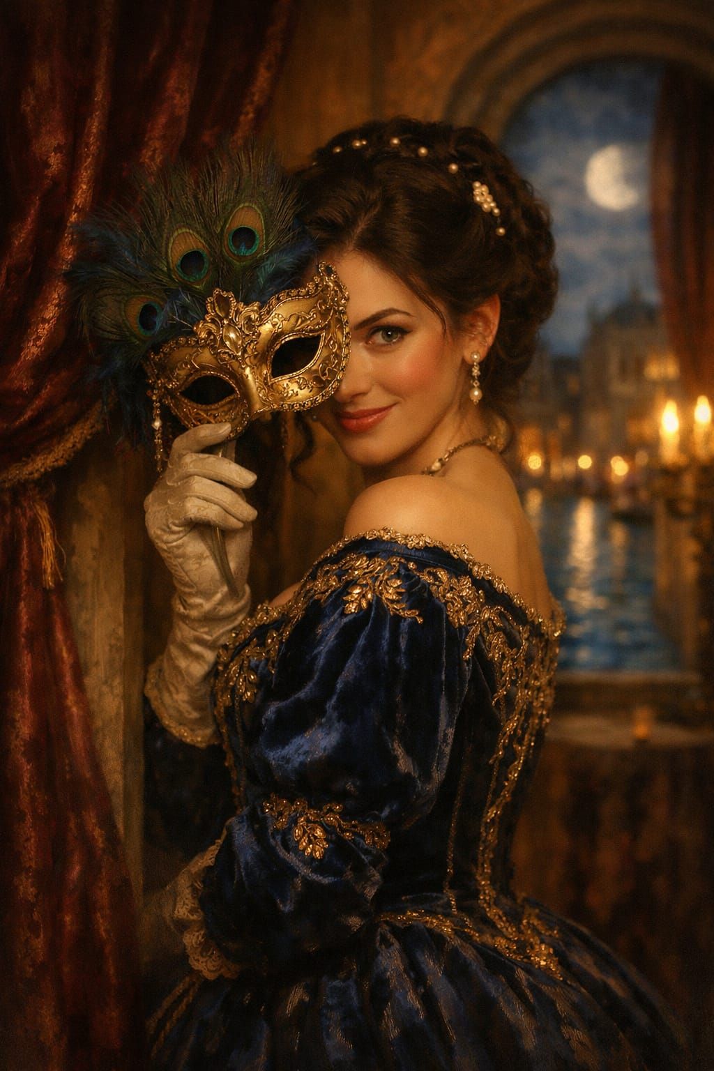 Venetian Countess in Sapphire Gown at Masquerade Ball