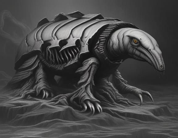 Gigeresque Biomechanical Platypus in Dark Water