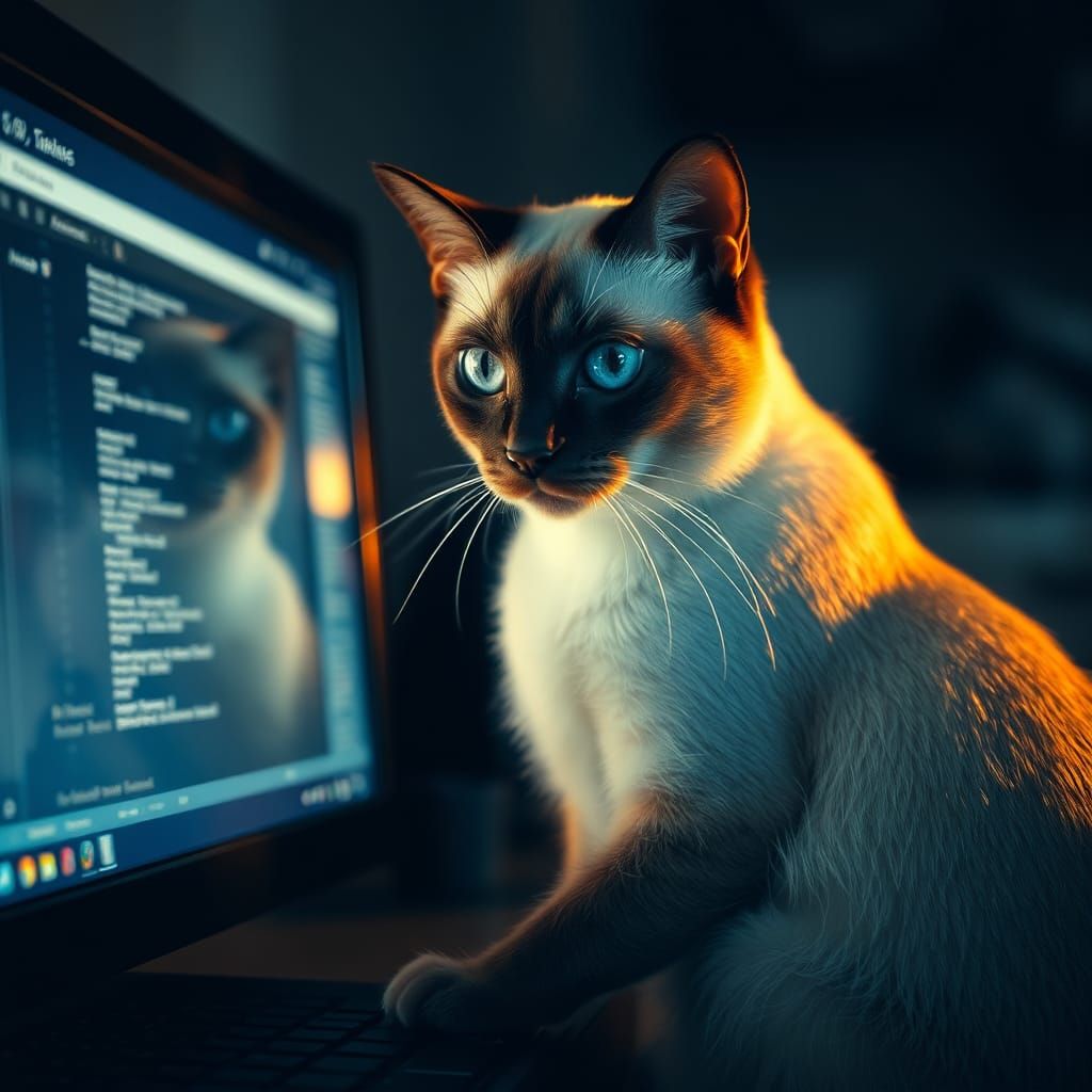 Siamese Cat and Screen Reflection, Cinematic Still