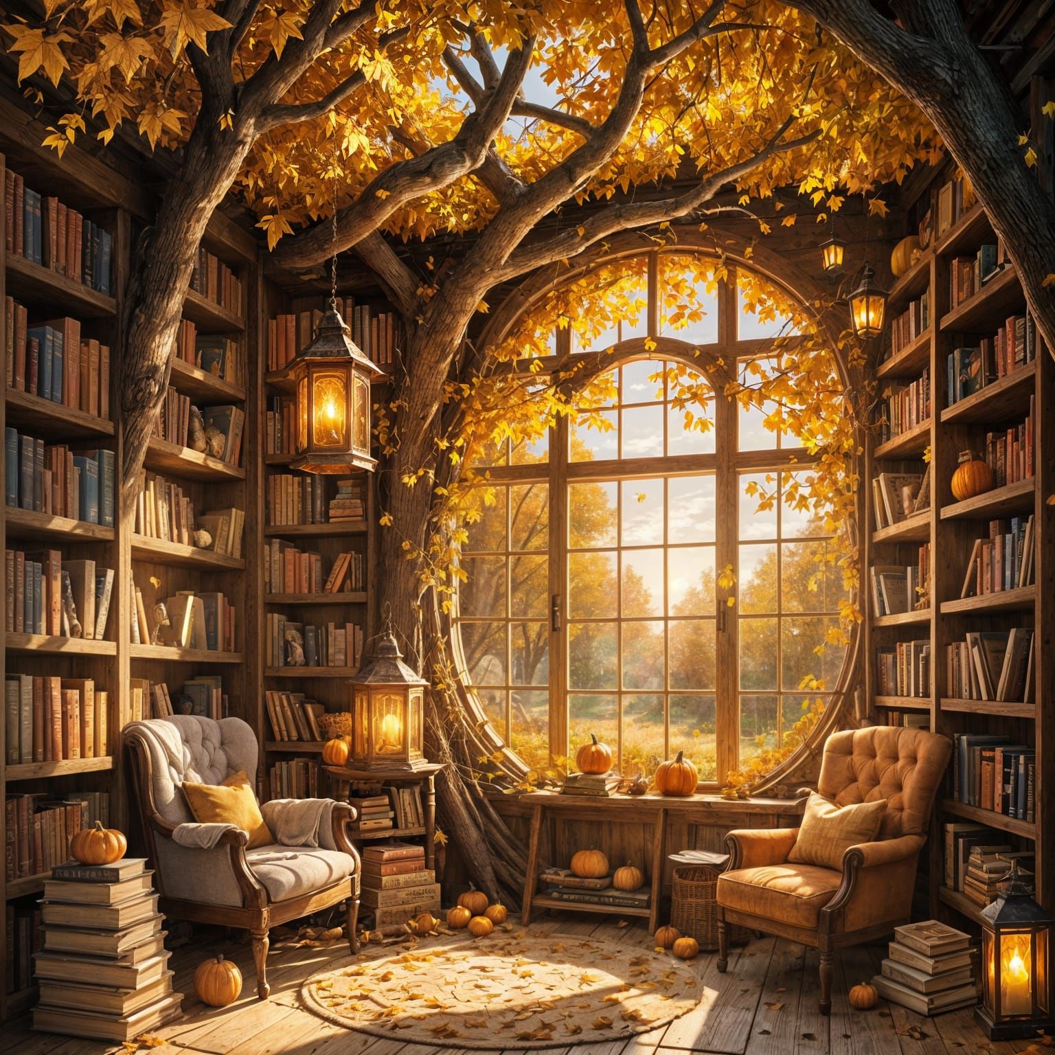 Cozy Autumn Treehouse with Books and Lantern Light
