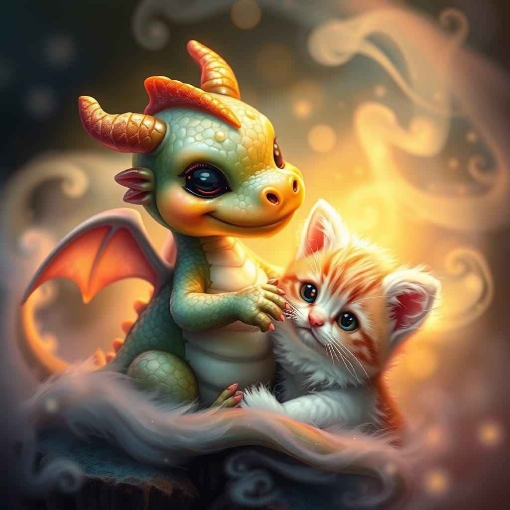 Dragon and Kitten Play in Dreamy Landscape