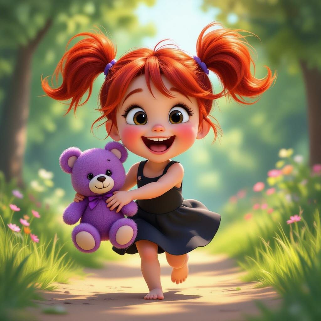 Joyful Cartoon Girl Running with Purple Teddy Bear