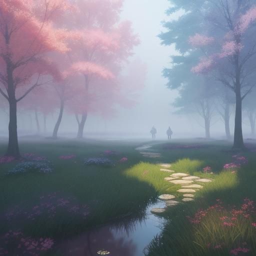 Person with Intricate Hats in Misty Forest