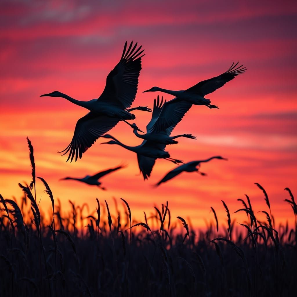 Cranes Soar in Twilight Sky: Cinematic HDR Photography