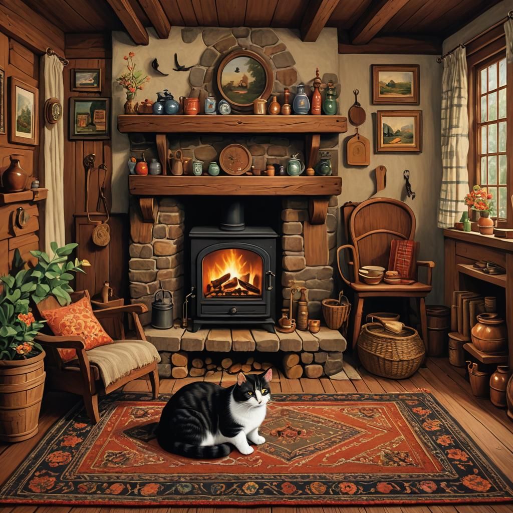 Cozy Cottage Interior in Folk Art Style