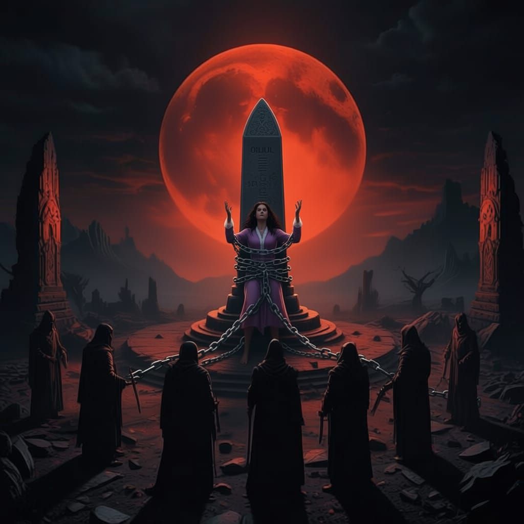 Shadowy Cultists Perform Ritual Under Blood Moon