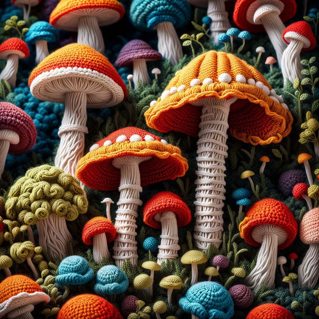 Detailed Crochet Mushroom Forest with Fairies