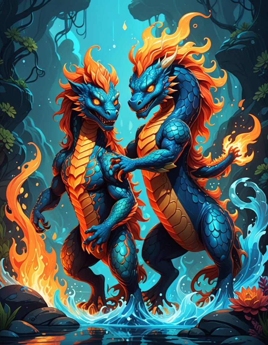Fire and Water Creatures in Vibrant Digital Art