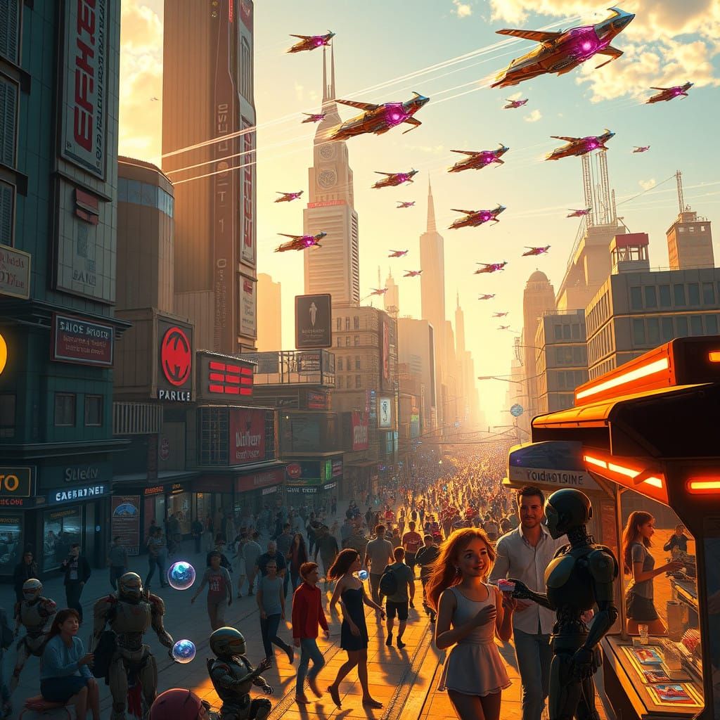 Sleek Flying Cars Soar Above Futuristic Cityscape in Vibrant...