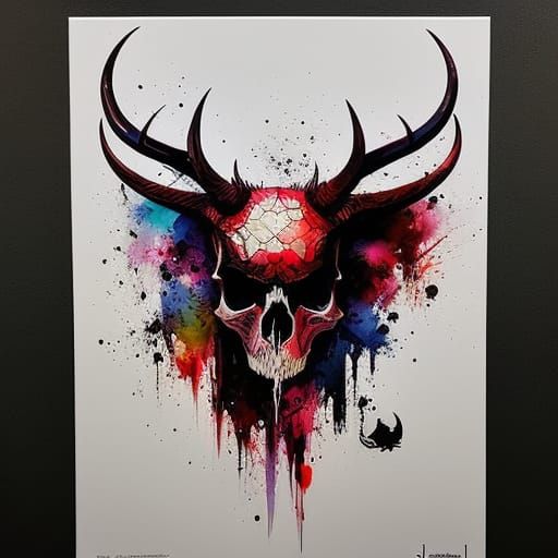 Cute Devil Skull in Gouache and Watercolor Style