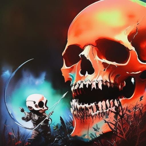 Cute Devil Skull in Detailed Gouache Painting