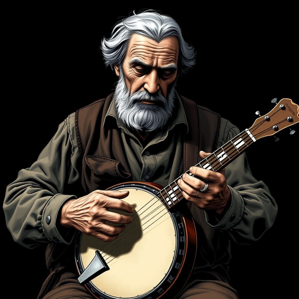 Elegant Old Banjo Player in Stark Black