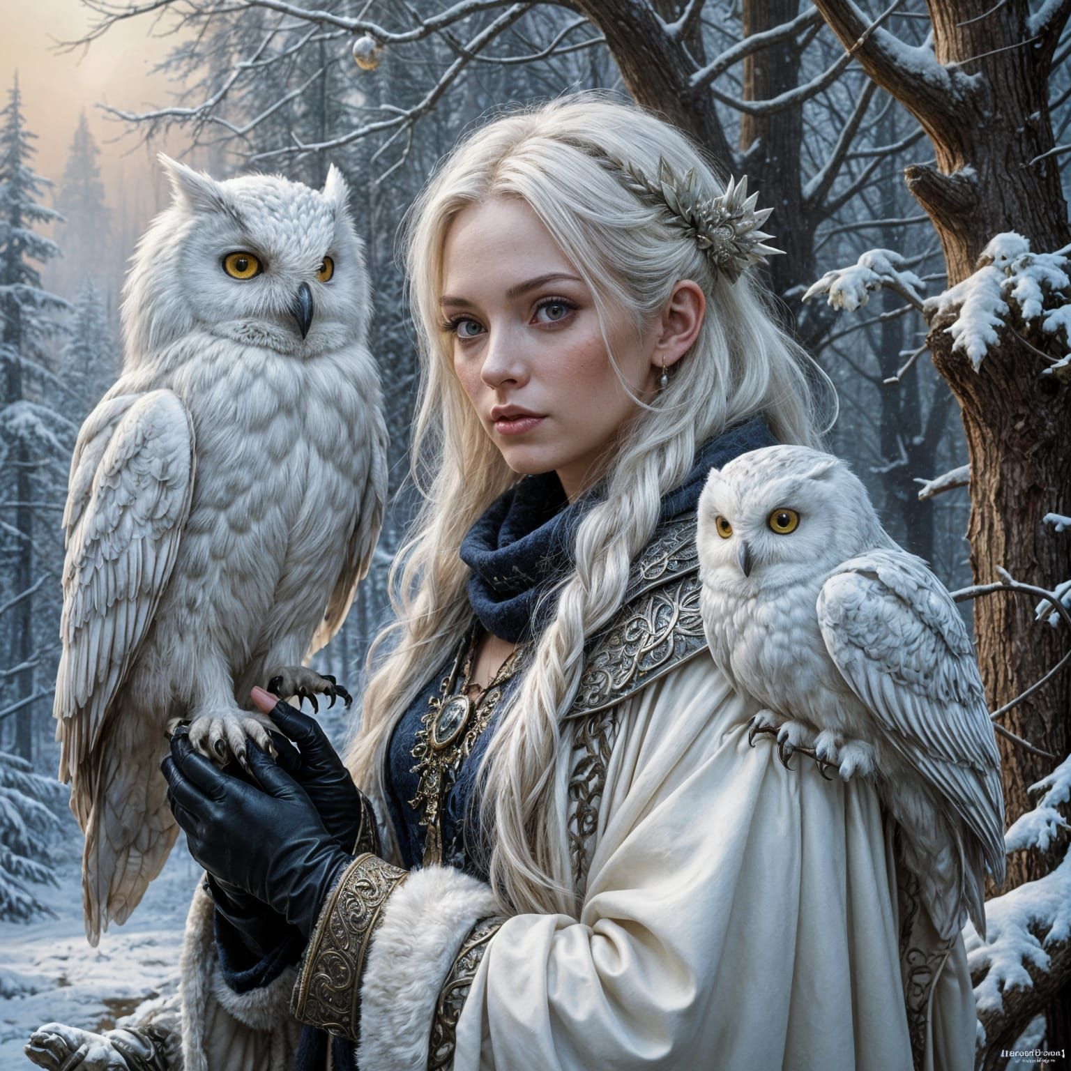Winter Elf with Snow Owl Companion in Romantic Style