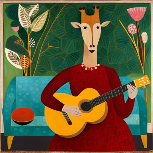 Giraffe Plays Guitar in Naive Surrealist Style