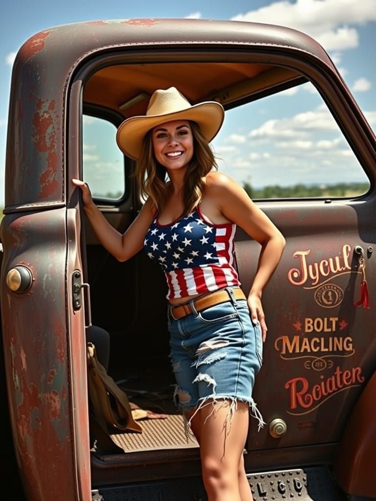 Pin-Up Girl Repairing a Truck, Pulp Art Style