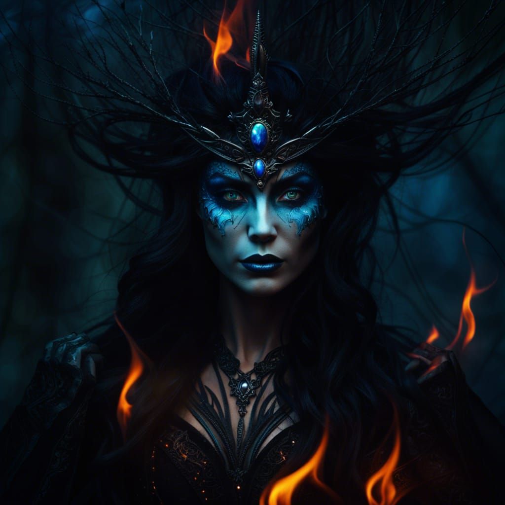 Fiery Elven Sorceress in Ethereal Forest