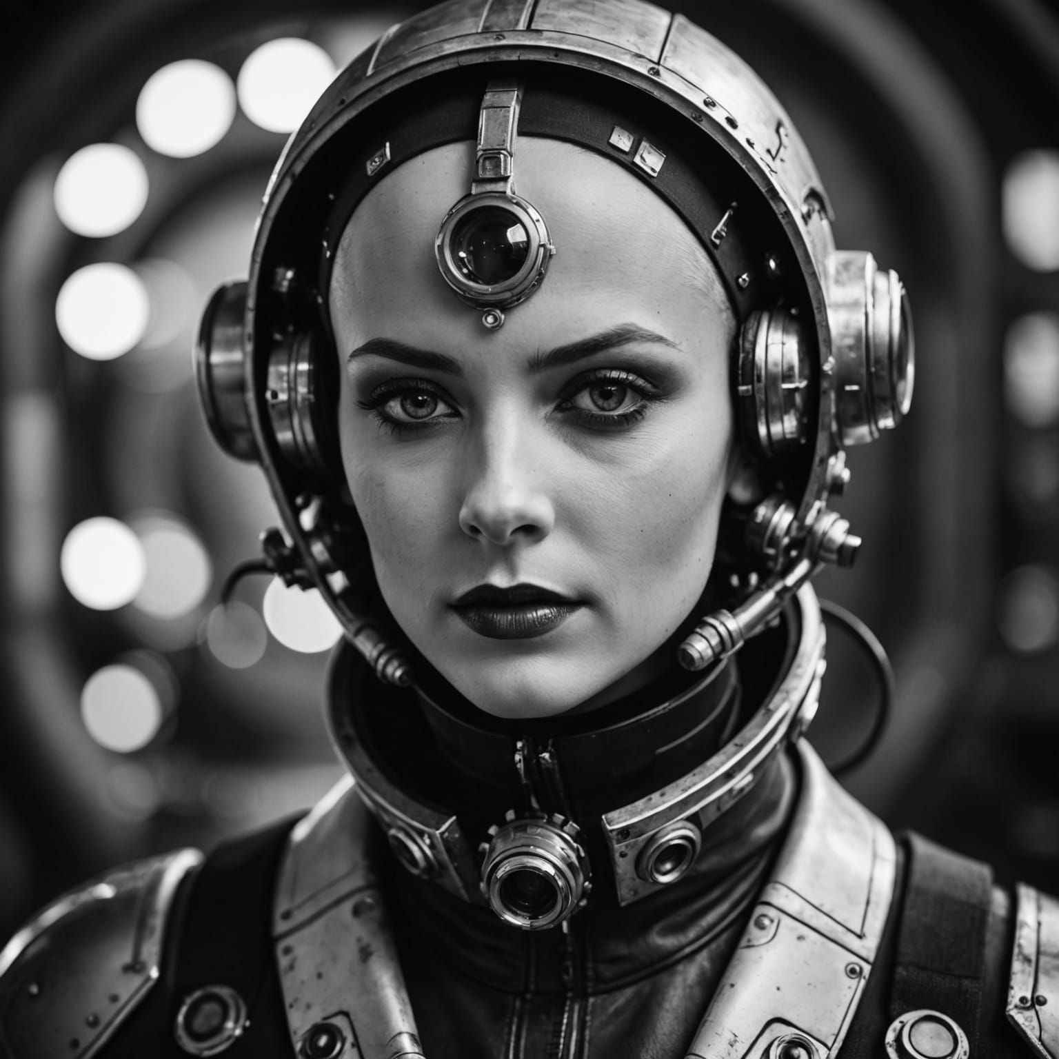 Steampunk Portrait of Bald Woman in Retro-Futuristic Style