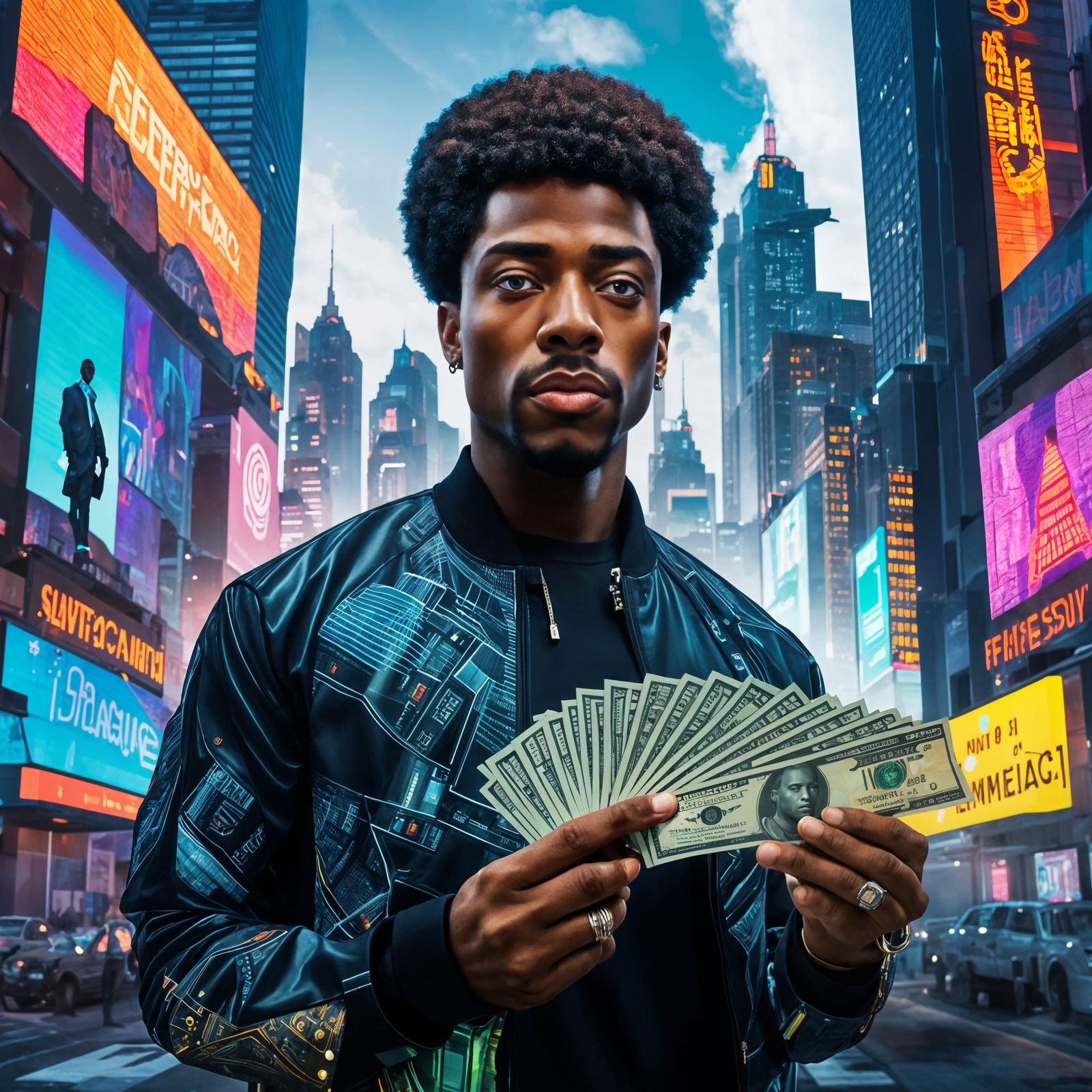 Afrofuturist Masterpiece: Black Boy in Cyberpunk Cityscape