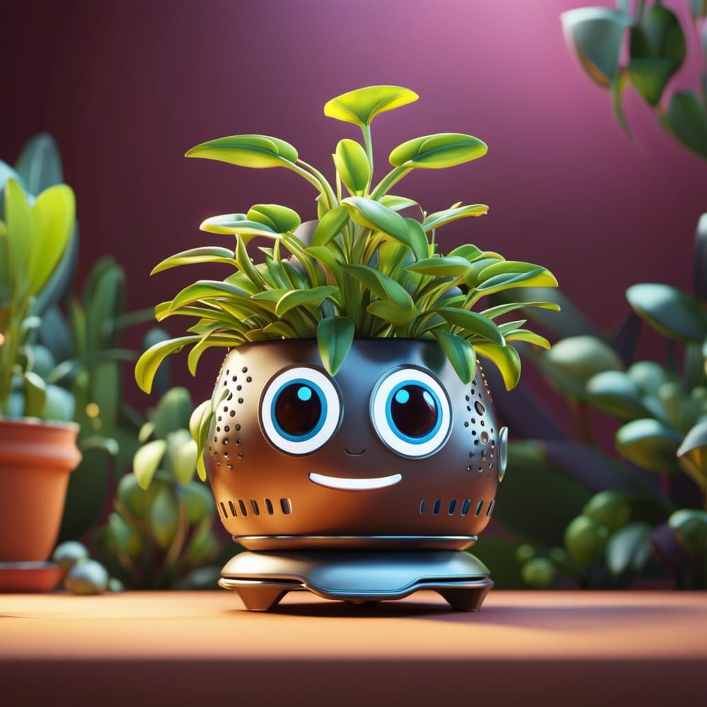 Adorable Talking Pot Plant in Cartoonish Sci-Fi Style