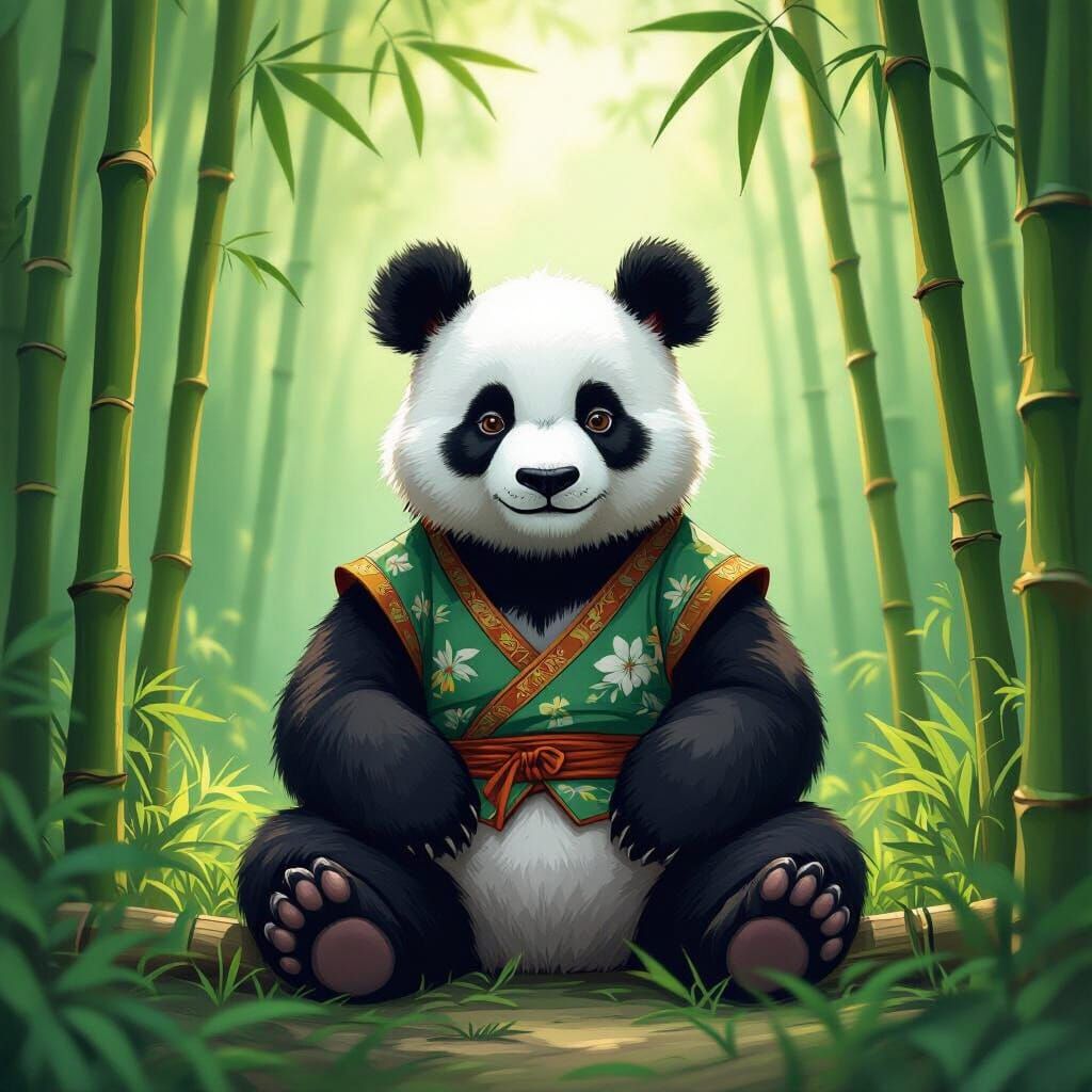 Dragon Panda in Bamboo Forest, Dreamy Art Style