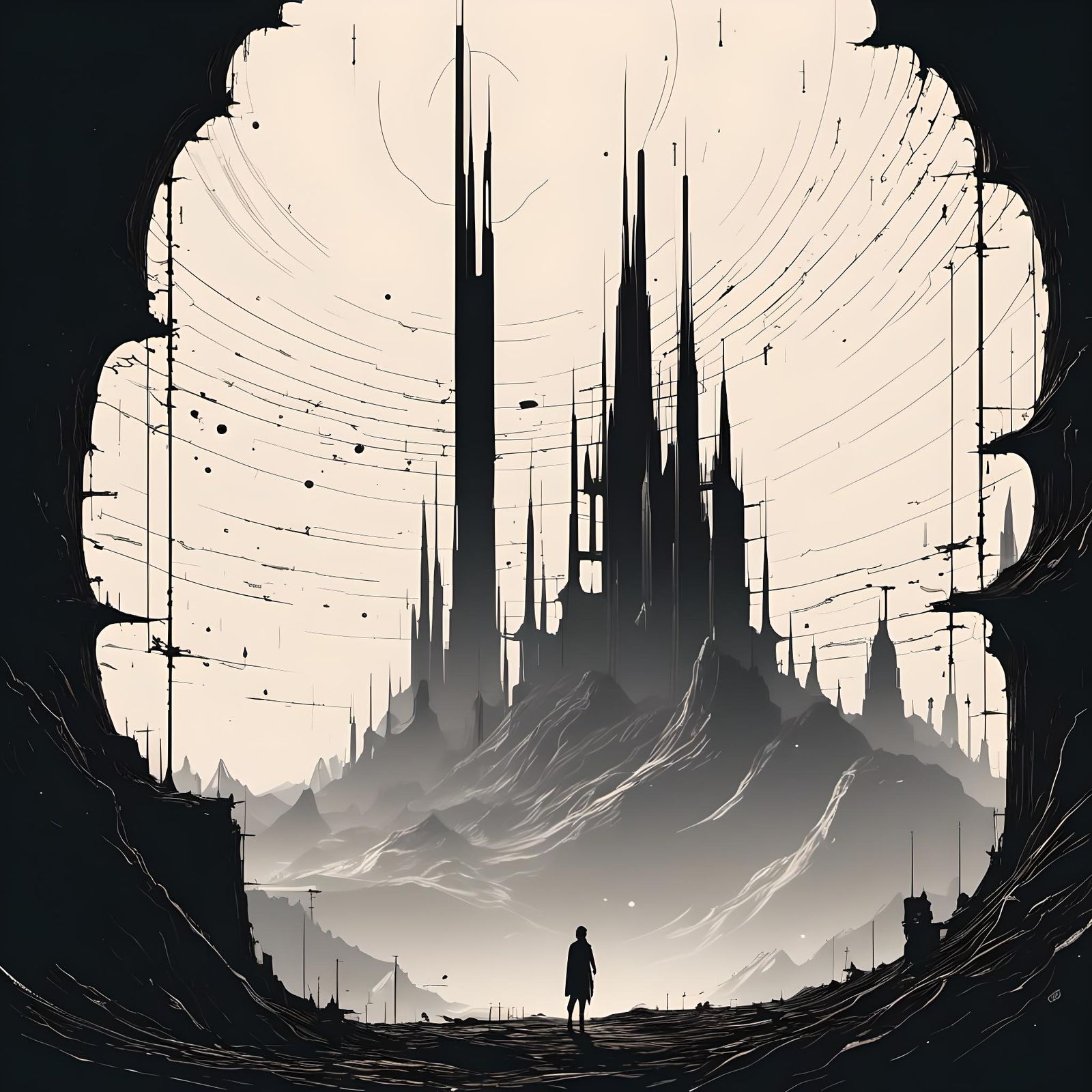 Minimalist Sci-Fi Citadel Silhouette Illustration